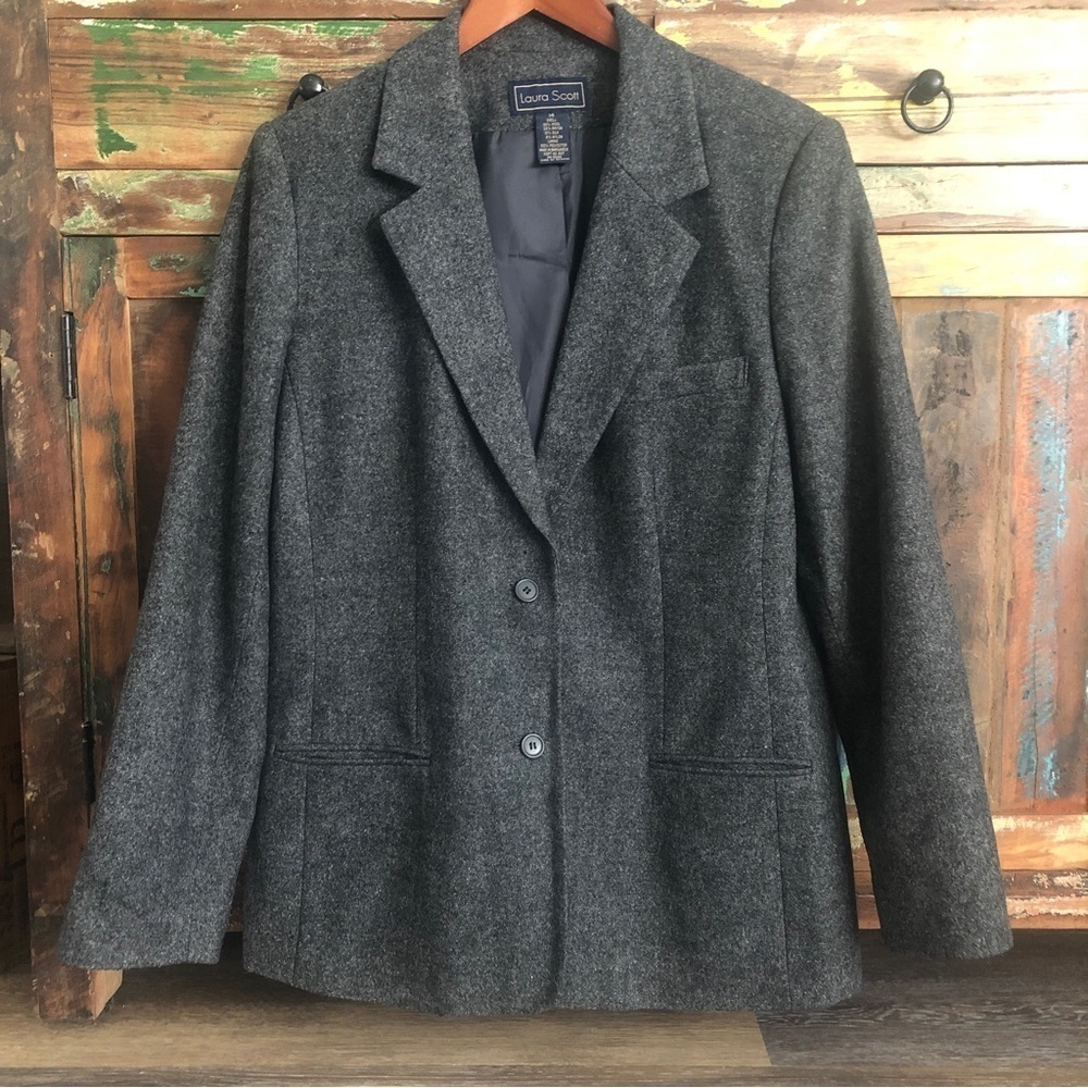 Vintage Laura Scott Womens Wool Silk Blazer Jacket Size 14 Gray Career Academia